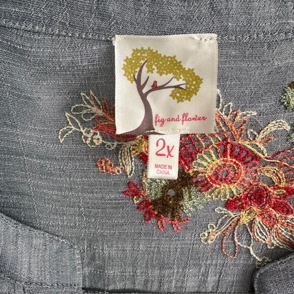 Anthropologie Fig And Flower Embroidered Floral Button Down Blouse 2X - Picture 9 of 11